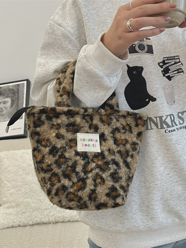 Ženska pliš torba s leopard uzorkom, gradski stil, tote torba, oblik kante, zatvarač