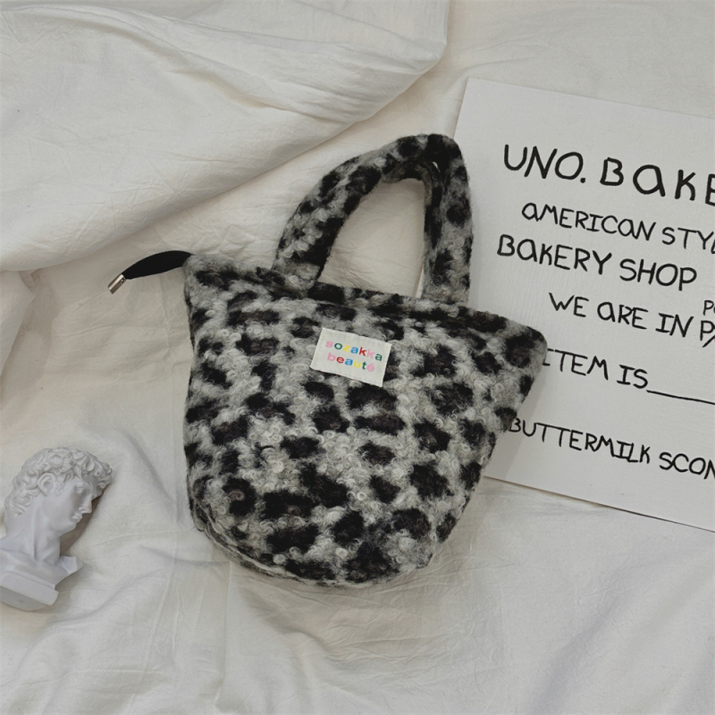 Ženska pliš torba s leopard uzorkom, gradski stil, tote torba, oblik kante, zatvarač