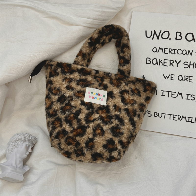 Ženska pliš torba s leopard uzorkom, gradski stil, tote torba, oblik kante, zatvarač