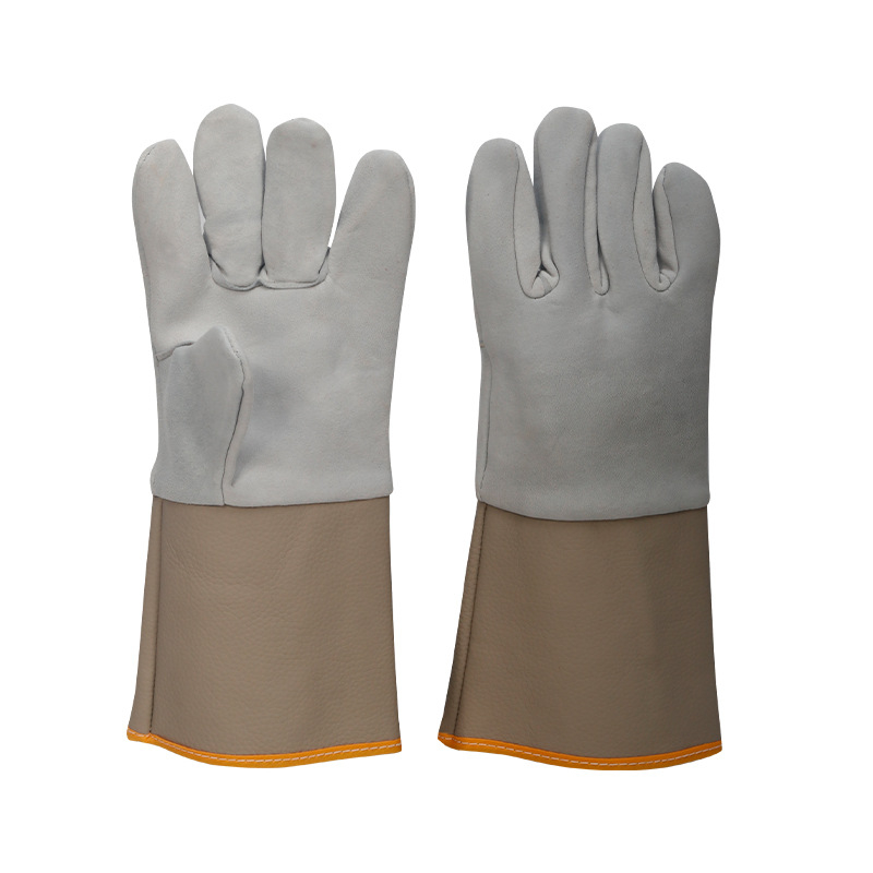 Mănuși de sudură din piele de capră, design cu două straturi, moi și rezistente la stropi, cu manșete din pânză (Brand: Hongrunxing; Material: piele de capră; Domeniu: sudură; Funcție: mănuși de sudură)