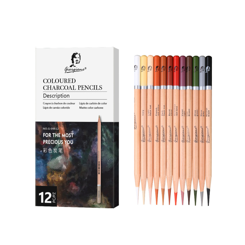 Set de 24 creioane de cărbune pentru schițe profesionale – pentru studenți la artă, corp din lemn, 2B, ambalaj de bază, cod produs G-09606