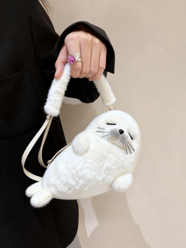 Dječja pliš torbica u karikaturalnom stilu, oblik foke, crossbody torba sa zatvaračem i pretincem za telefon