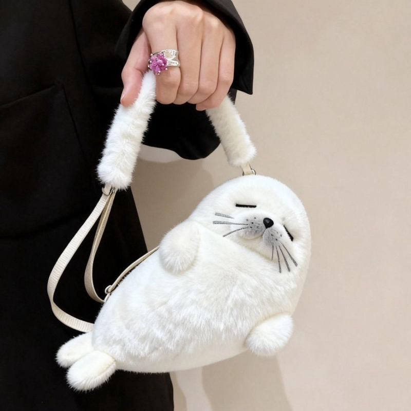 Dječja pliš torbica u karikaturalnom stilu, oblik foke, crossbody torba sa zatvaračem i pretincem za telefon