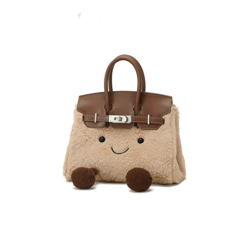 Crossbody torba s dječjim karikaturnim stilom, lažno zec krzno, horizontalni kvadratni oblik, zaključavanje, unutarnja džep za dokumente