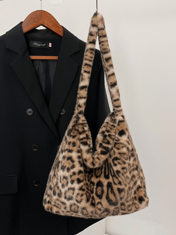 Torba za rameno s leopardovim uzorkom – gradski jednostavan stil, pliš materijal, horizontalni kvadratni oblik, magnetska kopča, pretinac sa zipom i pretinac za mobitel.