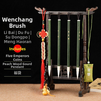 Sada 4 štetcov na kaligrafiu so stojanom na pero, unisex štýl študenta, vyrezané verše Li Bai a Du Fu, dekorácia na stôl