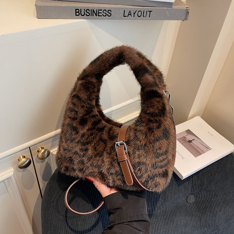 Korejskog stila pliš torba za ramena s leopard uzorkom, torba sa zipom, horizontalni kvadratni oblik, podstava od poliestera, unutarnji džepovi za telefon i dokumente