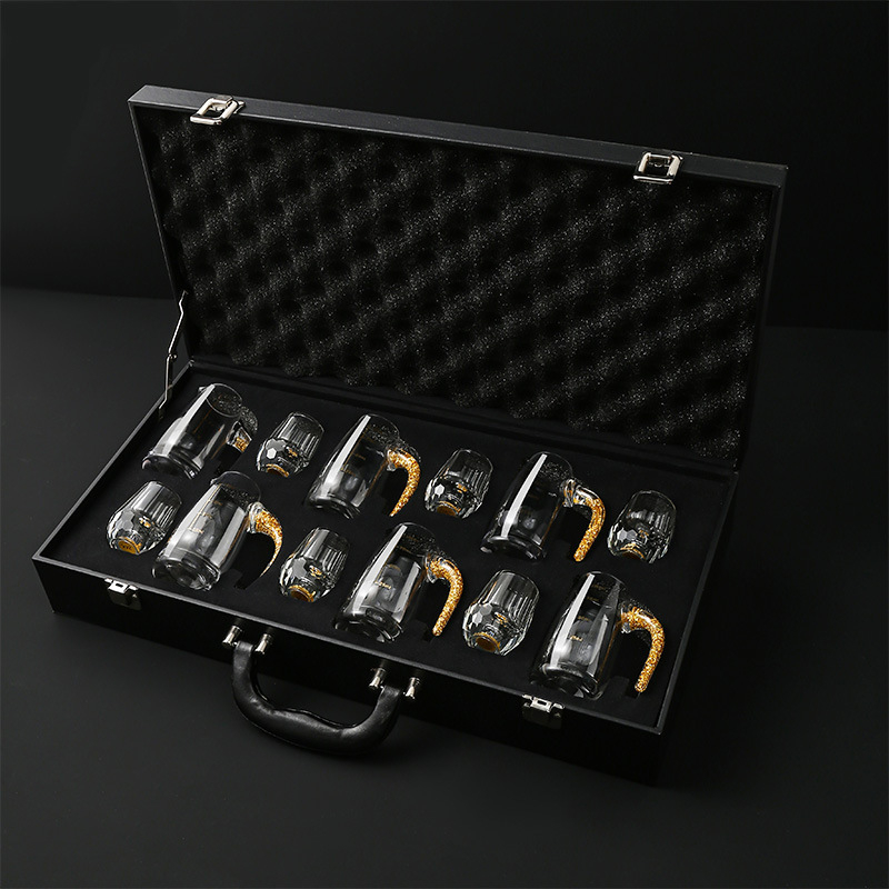 Kristályos szeszes italok pohárkészlet – vízcsepp formájú aranyfólia dizájn, 100 ml kapacitás, nyomtatott logó, első osztályú minőség