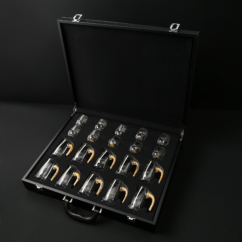 Kristályos szeszes italok pohárkészlet – vízcsepp formájú aranyfólia dizájn, 100 ml kapacitás, nyomtatott logó, első osztályú minőség