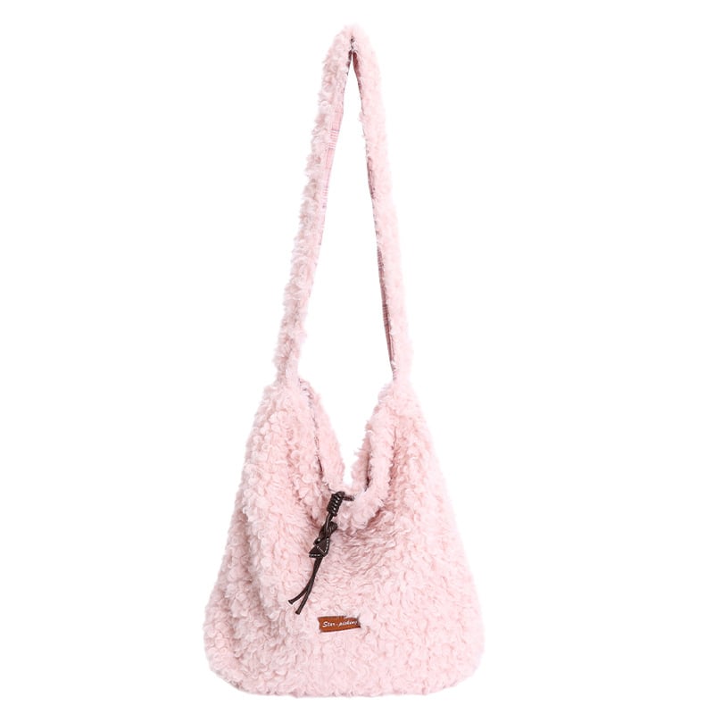 Plušasta crossbody torba s vezanjem, vodoravni kvadratni oblik, unutarnja pretinica za dokumente, poliester podstava
