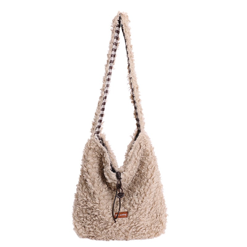 Plušasta crossbody torba s vezanjem, vodoravni kvadratni oblik, unutarnja pretinica za dokumente, poliester podstava