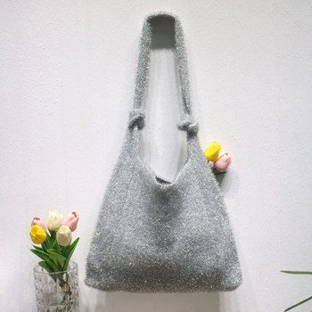 Geantă Tote tricotată din fir de sticlă, formă verticală pătrată, închidere cu cataramă ascunsă, buzunar pentru telefon