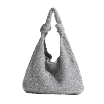 Geantă Tote tricotată din fir de sticlă, formă verticală pătrată, închidere cu cataramă ascunsă, buzunar pentru telefon