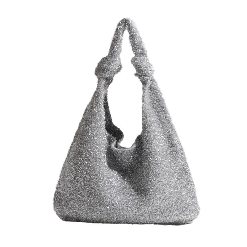 Geantă Tote tricotată din fir de sticlă, formă verticală pătrată, închidere cu cataramă ascunsă, buzunar pentru telefon