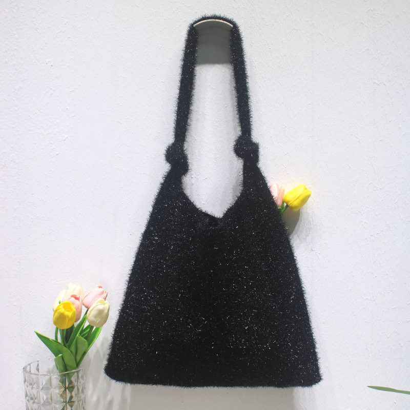 Geantă Tote tricotată din fir de sticlă, formă verticală pătrată, închidere cu cataramă ascunsă, buzunar pentru telefon