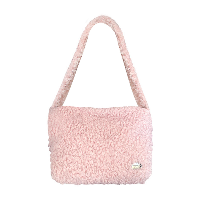 Plüss anyagú imitált báránygyapjú válltáska, street trend stílus, horizontális négyszögletű forma, mágneses zár, belső zseb a telefon számára és azonosítóhoz