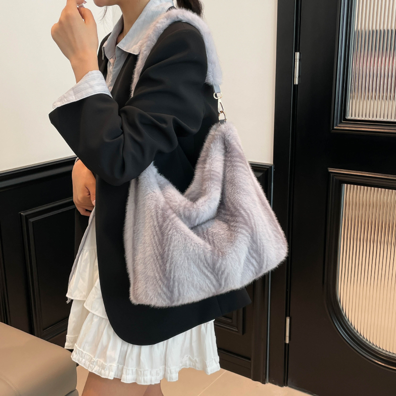 Geantă Tote din pluș pentru femei, stil urban minimalist, închidere cu fermoar, formă orizontal pătrată, buzunar interior pentru documente, căptușeală din poliester