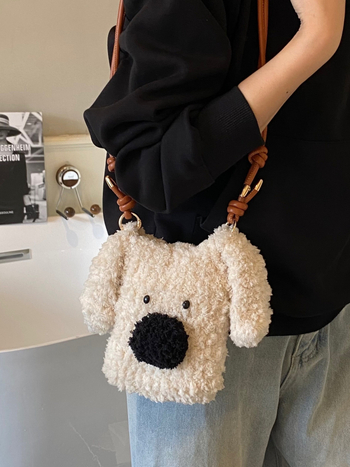 Geantă crossbody din pluș, stil coreean, formă verticală pătrată, închidere cu lacăt, buzunar pentru telefon