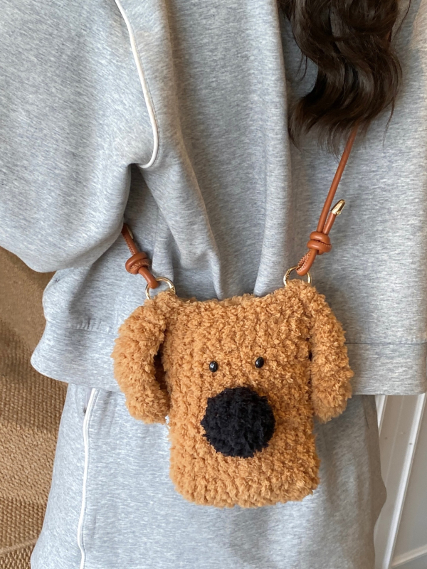 Geantă crossbody din pluș, stil coreean, formă verticală pătrată, închidere cu lacăt, buzunar pentru telefon