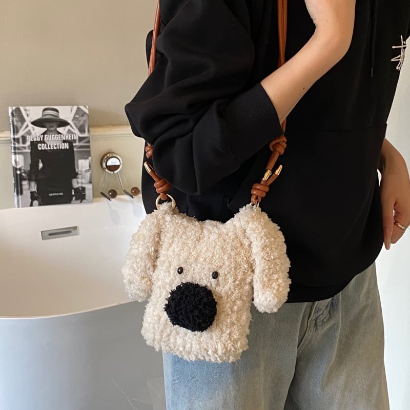 Geantă crossbody din pluș, stil coreean, formă verticală pătrată, închidere cu lacăt, buzunar pentru telefon