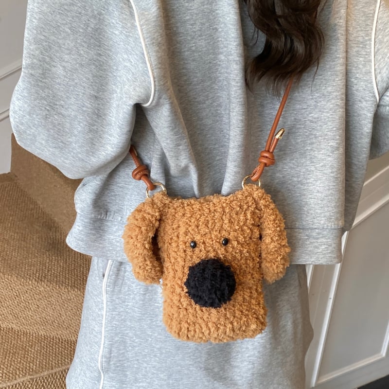 Geantă crossbody din pluș, stil coreean, formă verticală pătrată, închidere cu lacăt, buzunar pentru telefon