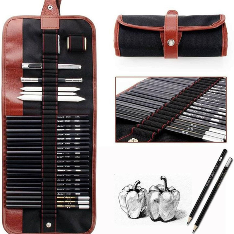 Set de creioane pentru schițe și pictură, cu corp din lemn și husă din nailon, disponibil în variante de 29, 30 sau 35 de piese