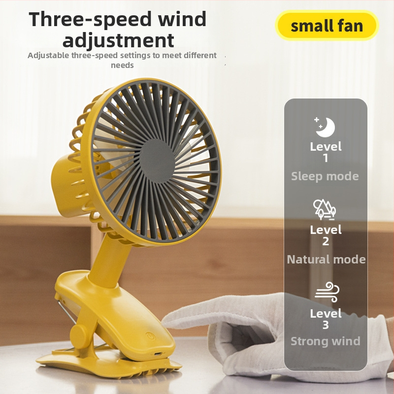 USB-klipes asztali ventilátor, 5 lapáttal, beépített 300–500 mAh akkumulátor, 3 sebesség, zaj kevesebb mint 36 dB