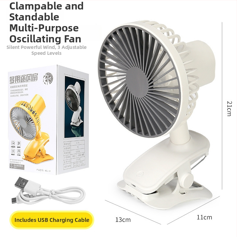 USB-klipes asztali ventilátor, 5 lapáttal, beépített 300–500 mAh akkumulátor, 3 sebesség, zaj kevesebb mint 36 dB