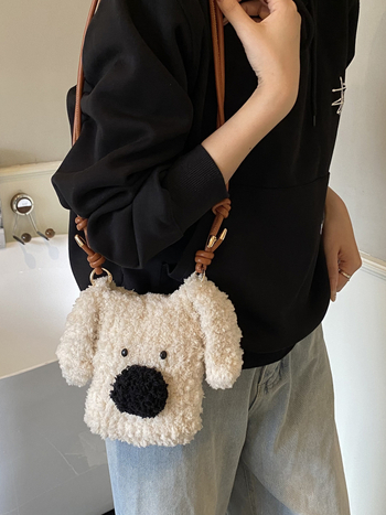 Geantă crossbody din pluș cu pui drăguț de câine, moale, fără căptușeală, buzunar intern pentru telefon, pentru relaxare