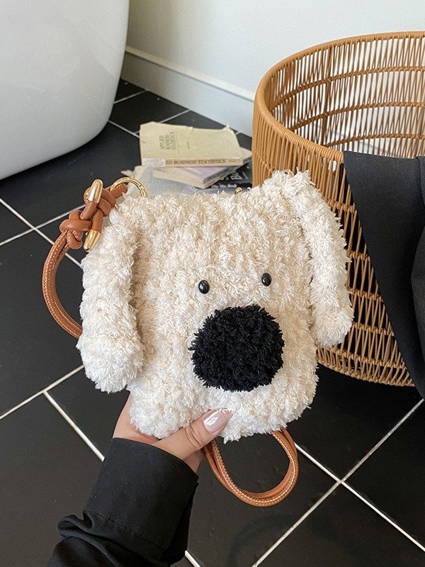 Geantă crossbody din pluș cu pui drăguț de câine, moale, fără căptușeală, buzunar intern pentru telefon, pentru relaxare