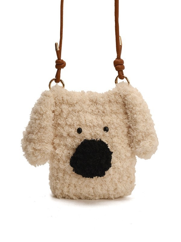 Geantă crossbody din pluș cu pui drăguț de câine, moale, fără căptușeală, buzunar intern pentru telefon, pentru relaxare