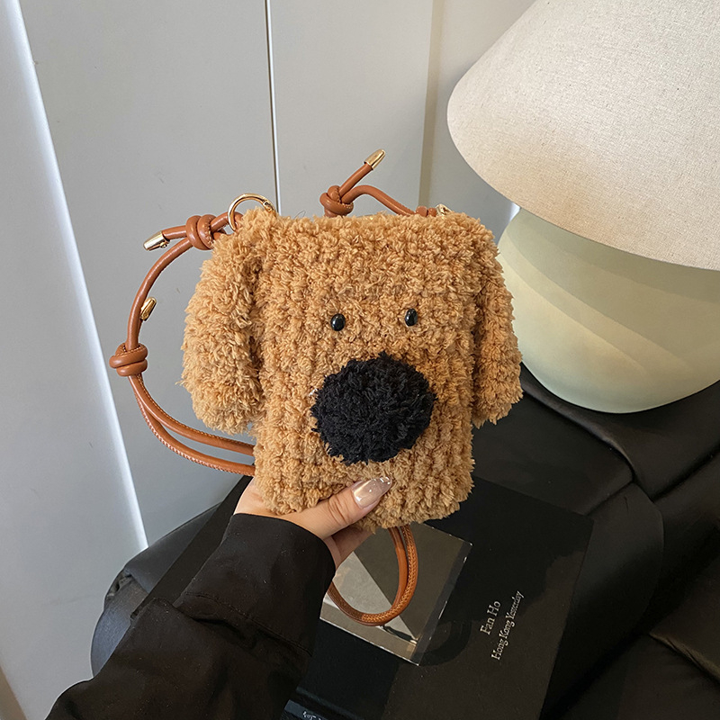 Geantă crossbody din pluș cu pui drăguț de câine, moale, fără căptușeală, buzunar intern pentru telefon, pentru relaxare