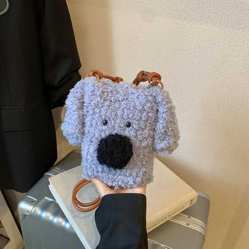 Geantă crossbody din pluș cu pui drăguț de câine, moale, fără căptușeală, buzunar intern pentru telefon, pentru relaxare