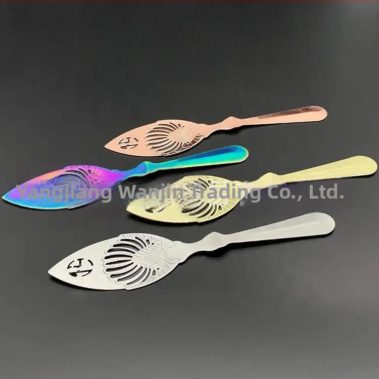 Absintová lyžička z nehrdzavejúcej ocele 304, otvorený dizajn, sito na cukor a sieťový filter – barový nástroj