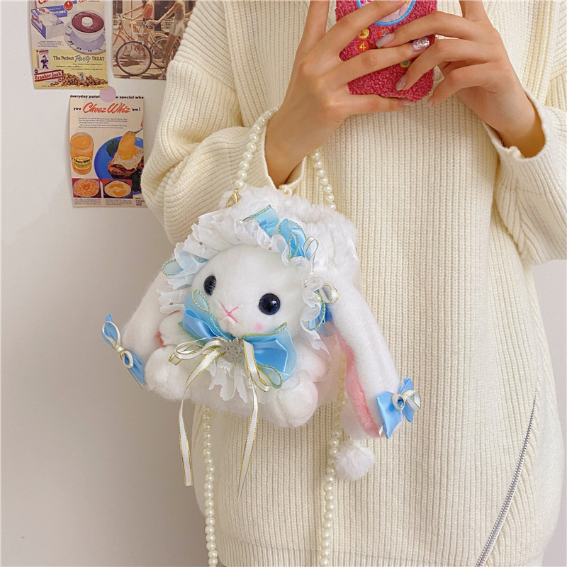 Nyuszi plüss táska masnival és nagy fülekkel (töltet: PP pamut; plüss: szuper puha rövid plüss; állat: nyuszi; 7-14 éveseknek)