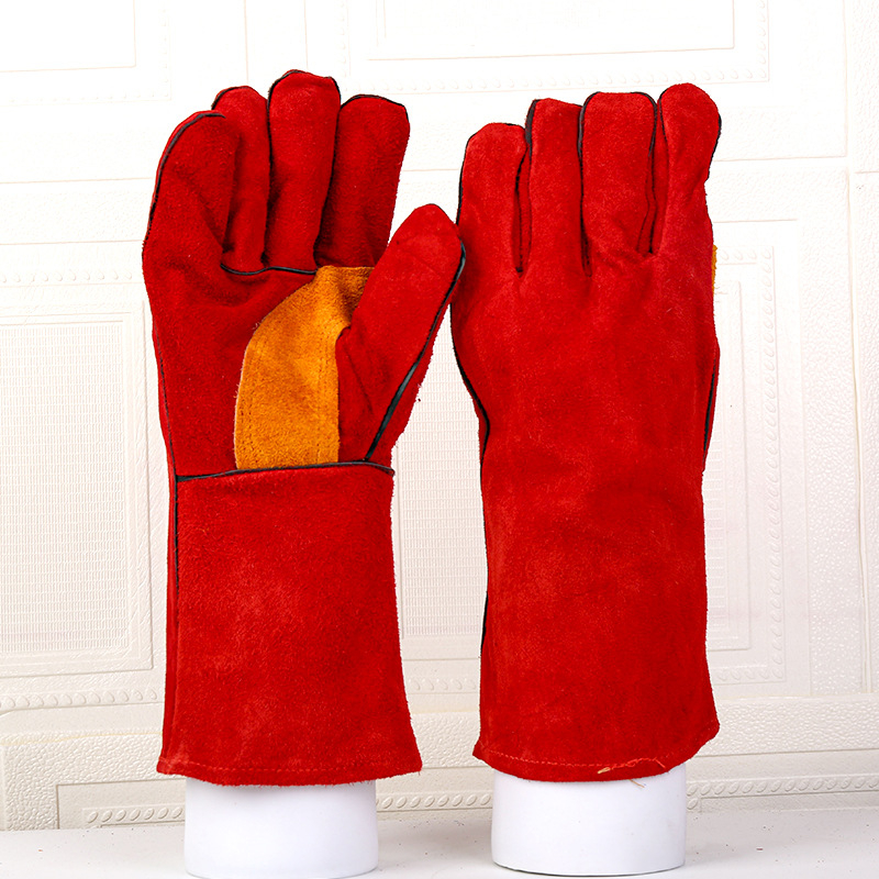 Tehénbőr hegesztő kesztyű, szigetelve, égés és szikra ellen védő funkcióval, hegesztési munkákhoz