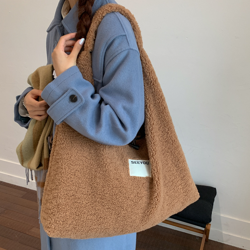 Torba Hobo od ovčje vune u urbanom jednostavnom stilu, platnena Tote torba s poliester podstavom, horizontalni kvadratni oblik, jedna naramenica, pogodna za slobodno vrijeme