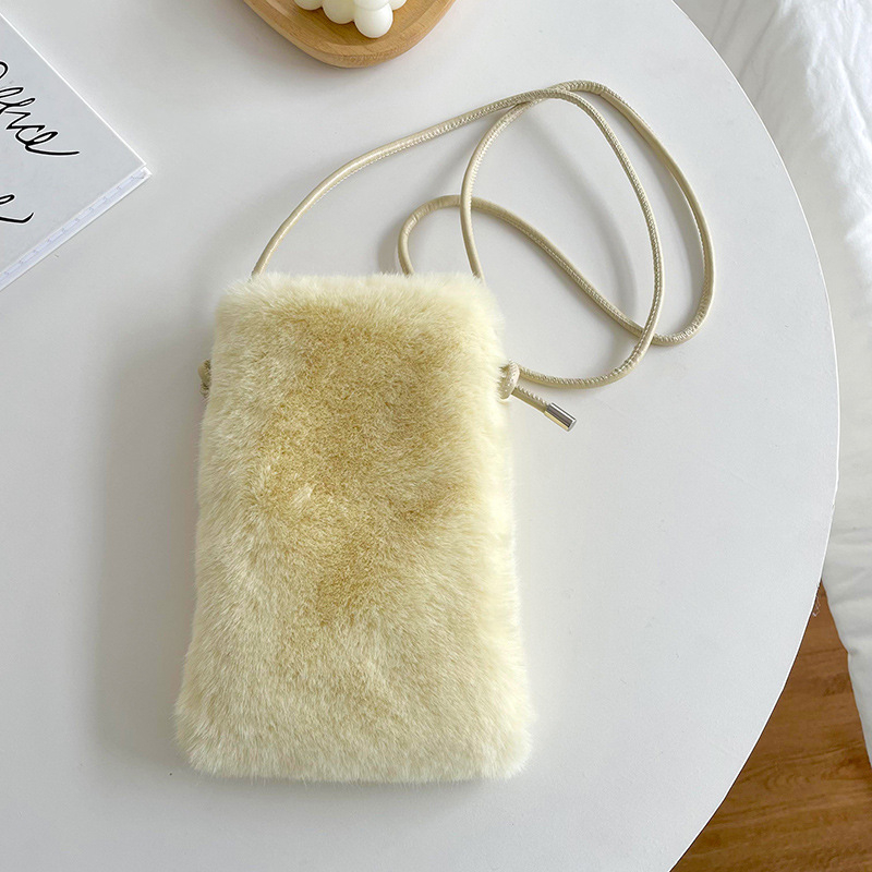 Szőrös telefonos táska keresztpánttal, poliészter anyag, függőleges négyzet alak, mágneses zár, zseb a telefon számára, nőknek