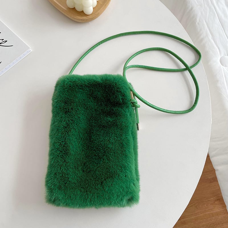 Szőrös telefonos táska keresztpánttal, poliészter anyag, függőleges négyzet alak, mágneses zár, zseb a telefon számára, nőknek