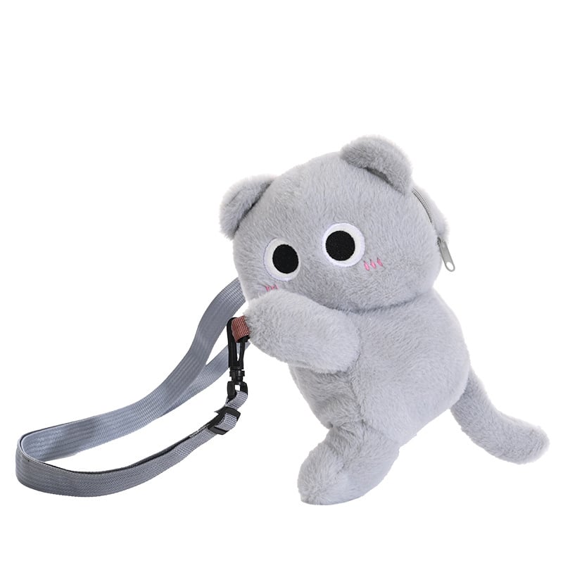 Plüss váll-táska macska motívummal, uniszex stílus, téglalap alakú forma, cipzáros nyitás, belső zseb