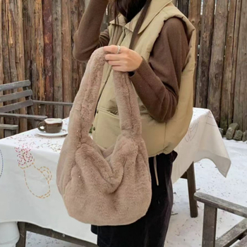 Geantă pentru femei din pluș, stil retro, geantă de umăr orizontală, cu închidere prin fermoar și buzunar interior cu fermoar
