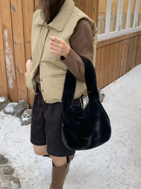 Geantă pentru femei din pluș, stil retro, geantă de umăr orizontală, cu închidere prin fermoar și buzunar interior cu fermoar