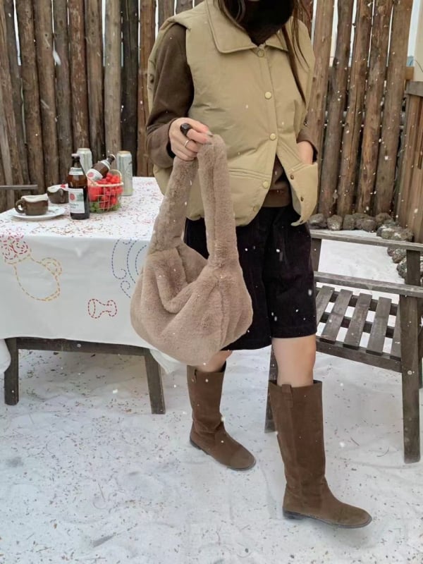 Geantă pentru femei din pluș, stil retro, geantă de umăr orizontală, cu închidere prin fermoar și buzunar interior cu fermoar