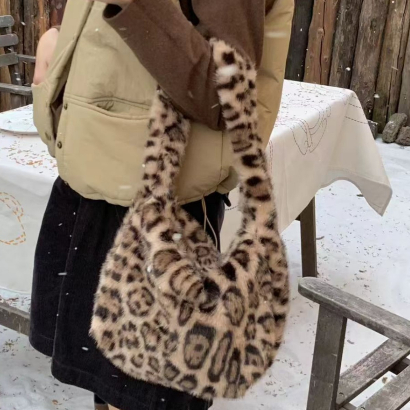 Geantă pentru femei din pluș, stil retro, geantă de umăr orizontală, cu închidere prin fermoar și buzunar interior cu fermoar