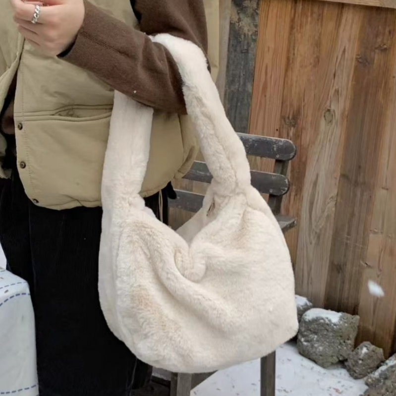 Geantă pentru femei din pluș, stil retro, geantă de umăr orizontală, cu închidere prin fermoar și buzunar interior cu fermoar