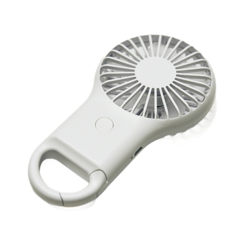 Ručni USB ventilator s karabinom, 5 lopatica, motor s četkom, ugrađena baterija 800–1000 mAh, USB punjenje, 3 brzine, trajanje 3–6 h, tiho (<36 dB)