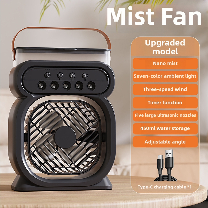 Mini ventilator USB de birou cu pulverizare: 4 palete, alimentare USB, funcție de pulverizare, timer, 3 viteze, ABS carcasă