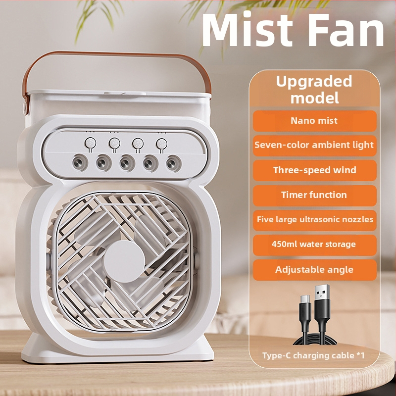 Mini ventilator USB de birou cu pulverizare: 4 palete, alimentare USB, funcție de pulverizare, timer, 3 viteze, ABS carcasă