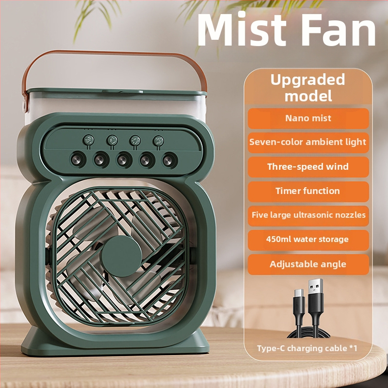 Mini ventilator USB de birou cu pulverizare: 4 palete, alimentare USB, funcție de pulverizare, timer, 3 viteze, ABS carcasă
