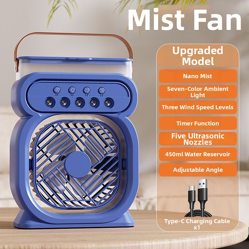 Mini ventilator USB de birou cu pulverizare: 4 palete, alimentare USB, funcție de pulverizare, timer, 3 viteze, ABS carcasă